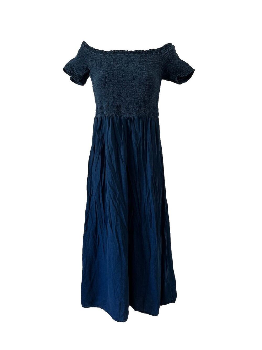 Old Navy Smocked Dress Off-The-Shoulder Navy Blue Fit & Flare Midi Sz M Tall